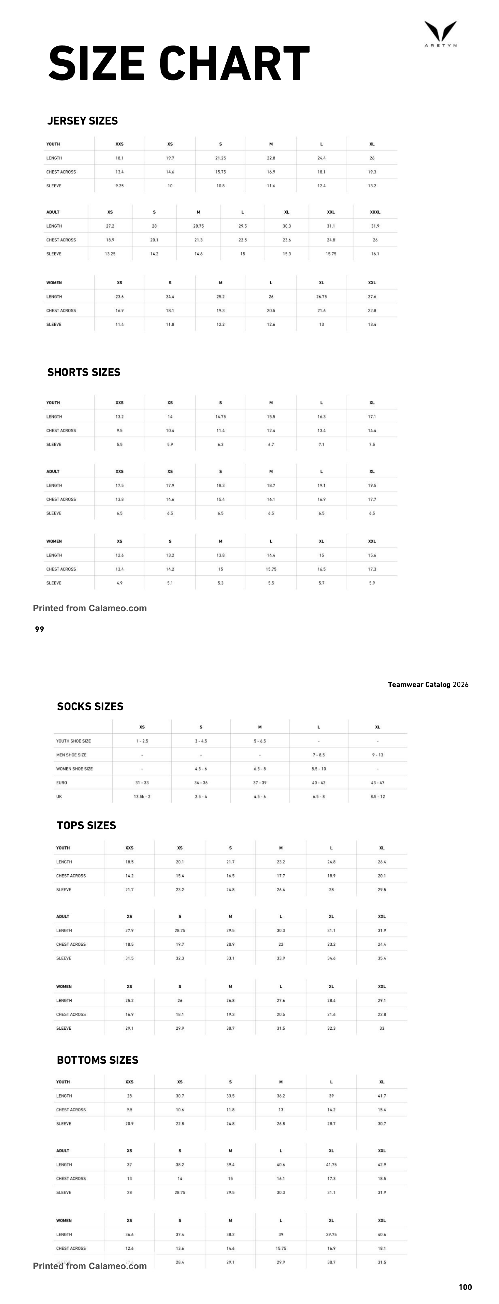 SWAT Soccer Uniform Sizing Chart
