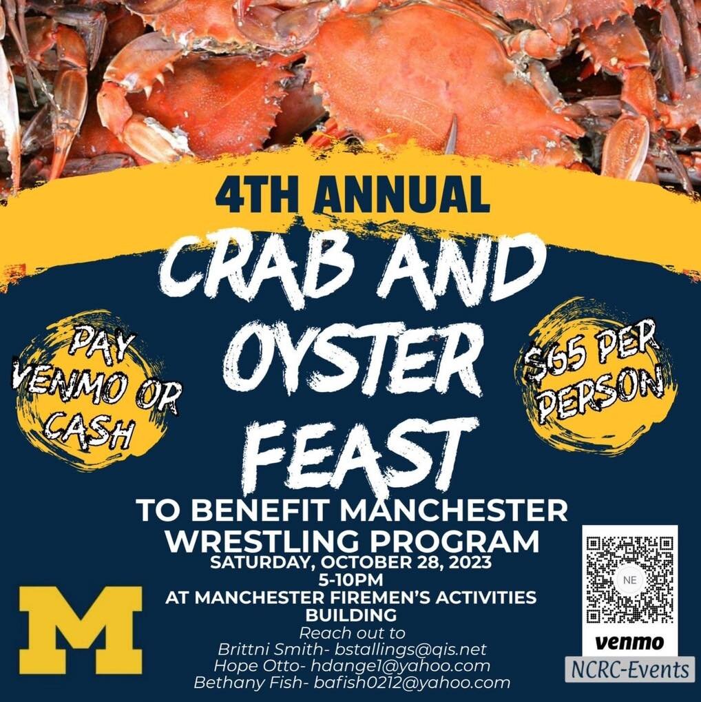 Our friends at Manchester Wrestling is having a Crab &amp; Oyster Feast this Saturday. 

💙Manchester Wrestling💛
🦀🦪Crab &amp; Oysters Feast🦪🦀
⚠️Event is for Adults 21 &amp; Over 🍺

💵 $65 per person
🗓 Saturday, October 28th
⏰ 5pm
📍Manchester 