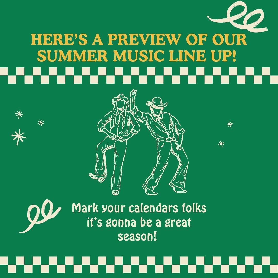 We&rsquo;re so excited about our summer music line up! We know how fast your summer calendar is going to fill up so we wanted to share these dates with y&rsquo;all. Can&rsquo;t wait to dance with you!
