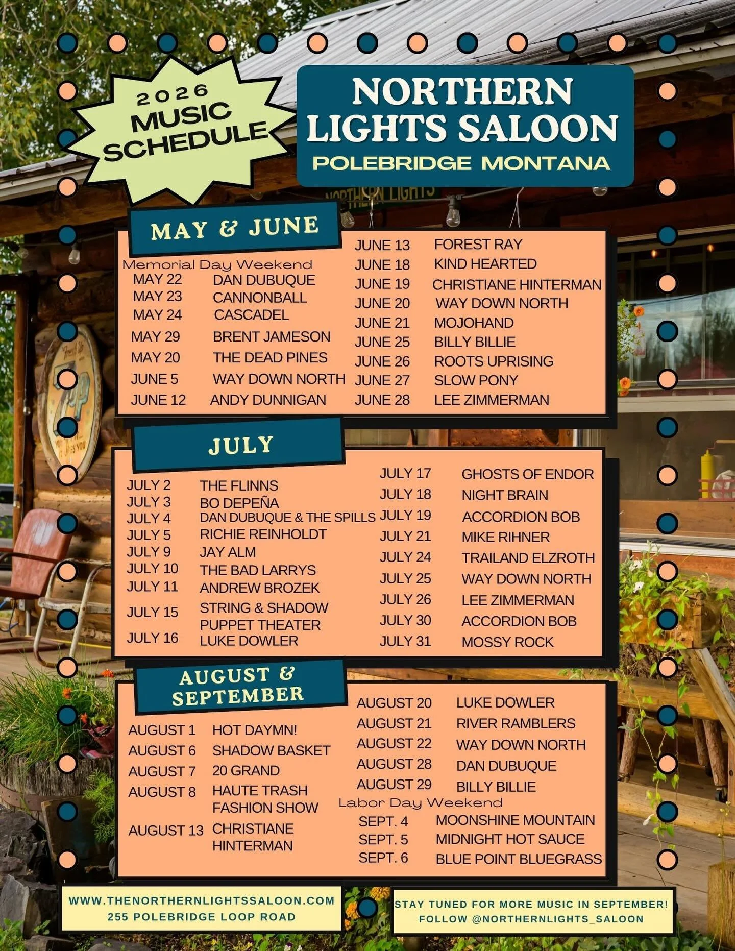 📣🎶We are thrilled to announce our 2026 music lineup! We know you&rsquo;re probably making plans for your summer activities, so take a look at what we have in store for you in Polebridge! We have many returning favorites that you know and love, and 