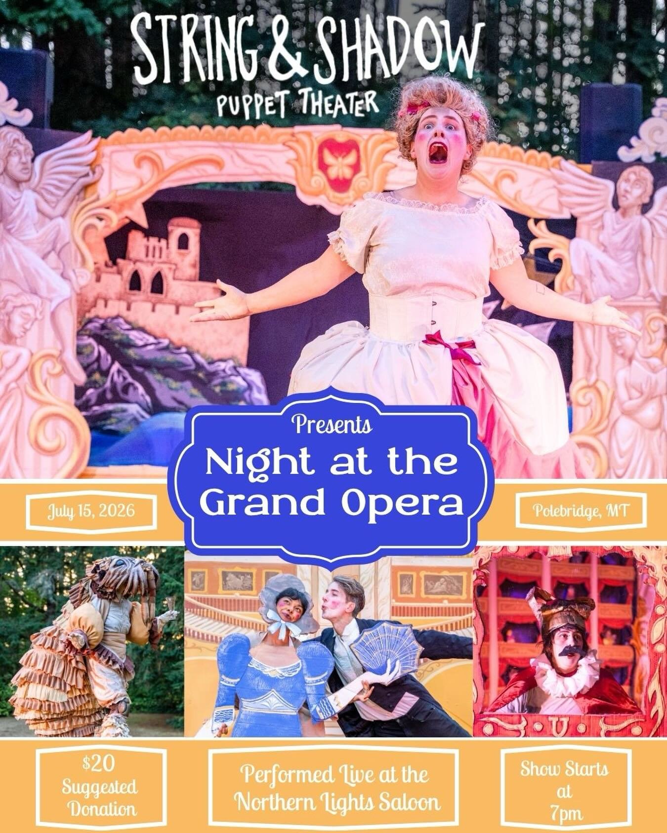 We are thrilled that @stringandshadow puppet theater is returning to Polebridge to perform their giant puppet show at the saloon! Mark your calendars for July 15 for their show &ldquo;Night at the Grand Opera.&rdquo; This show will be a blend of pupp