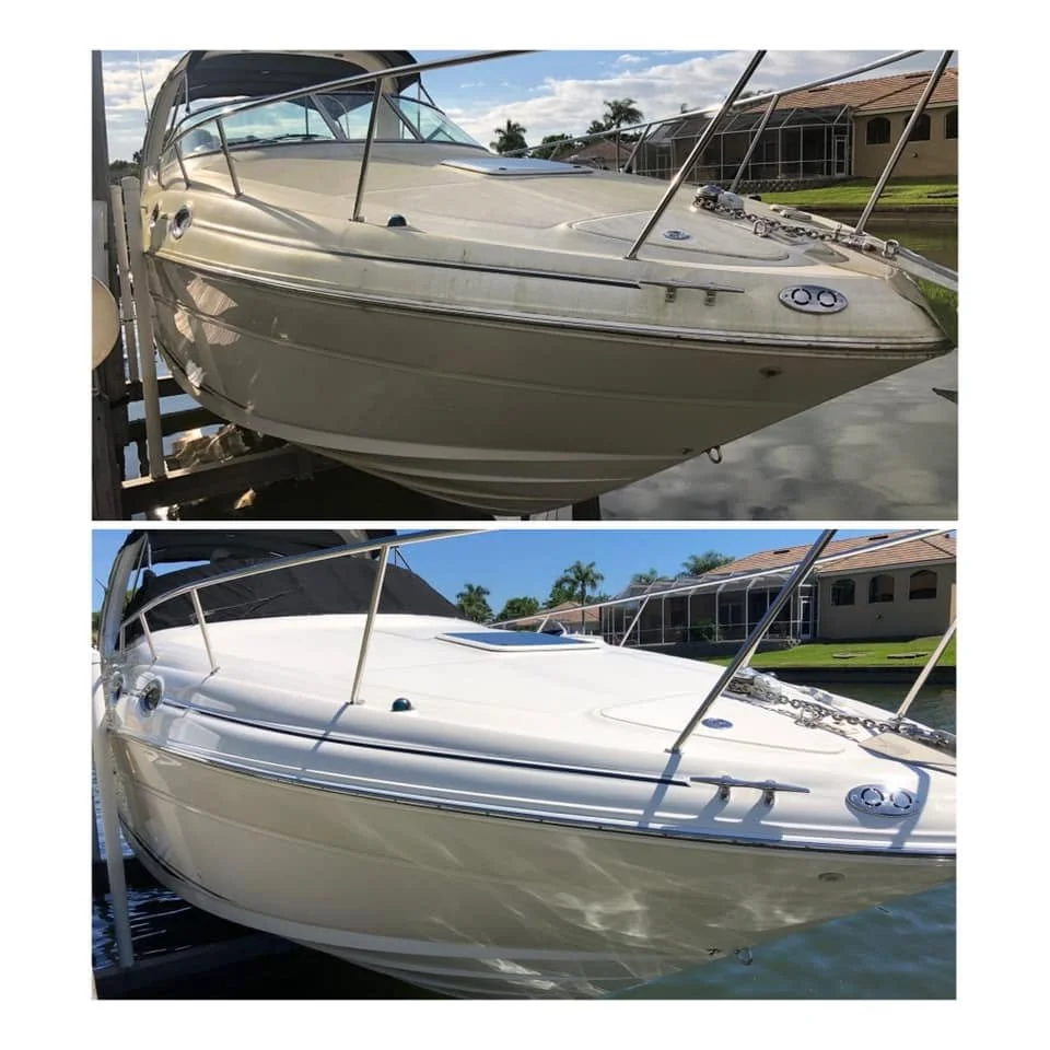 Boat hull before and after polishing
