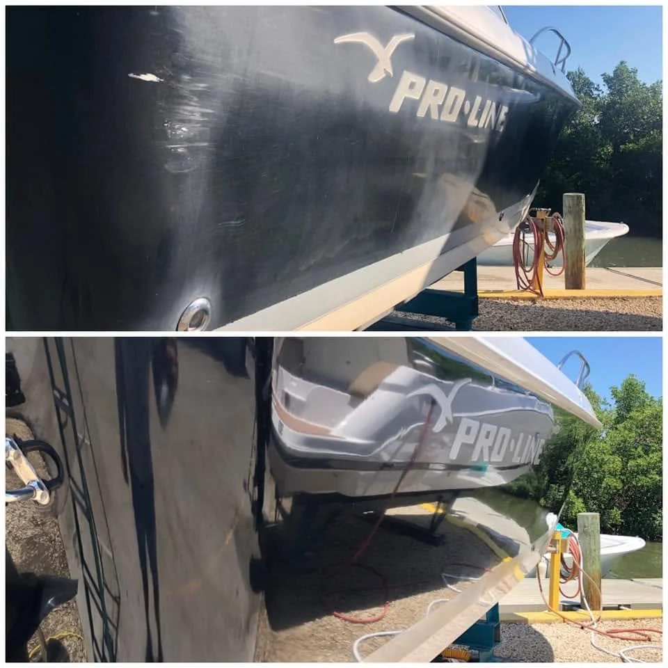 Boat hull after oxidation removal and polishing