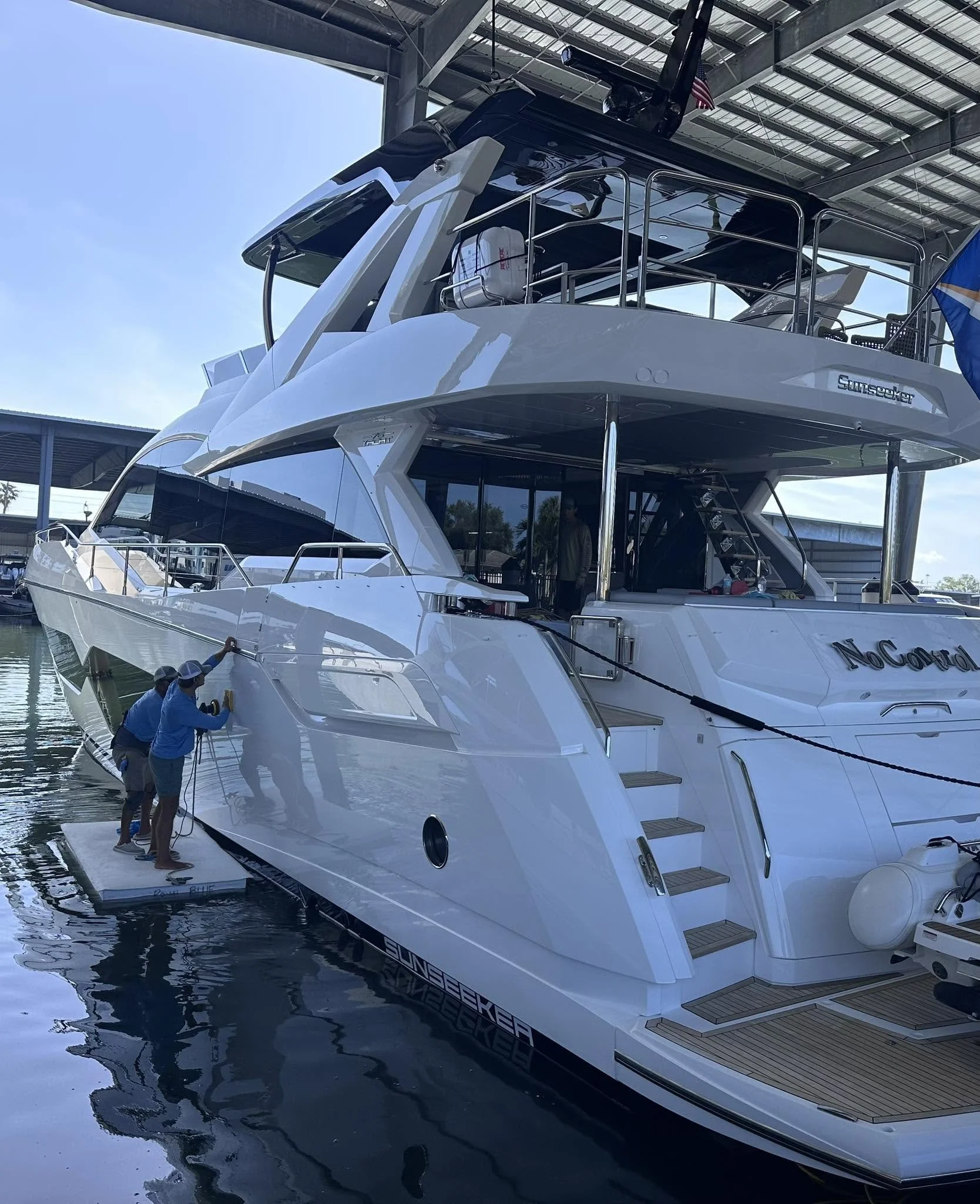 Boat exterior and seating area at a marina