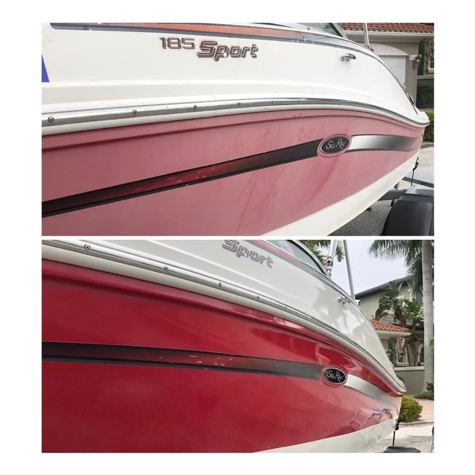 Glossy boat hull after waxing