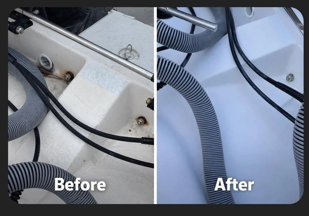 Stainless steel boat hardware before and after polishing