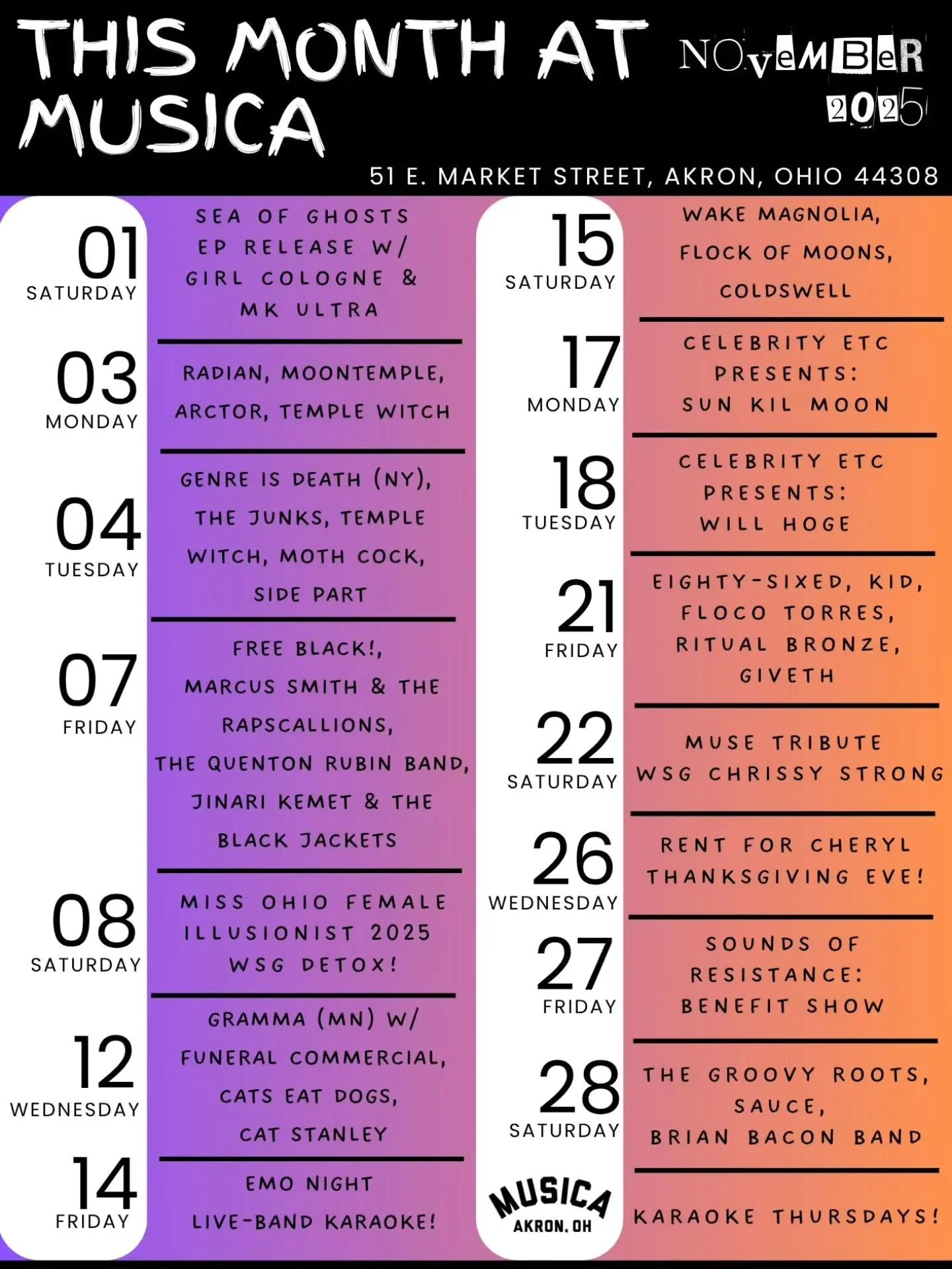 It's November &amp; we're ✨thankful✨ to bring you a month full of live music!

✨Tickets &amp; more info available at the link in our bio!

#november #thankful #akron #akronohio #akronmusica #akronmusicscene #akronevents #livemusic #concerts #supporty
