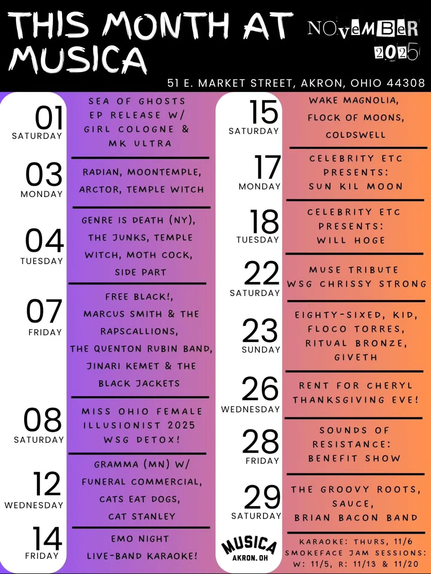 UPDATED NOVEMBER CALENDAR! ✨

Since November is the month of granting grace, let's try this one more time with a few updated dates 🫣🫶

#akron #akronohio #akronmusica #akronevents #akronmusicscene #livemusic #concerts #events #karaoke #jamsessions #