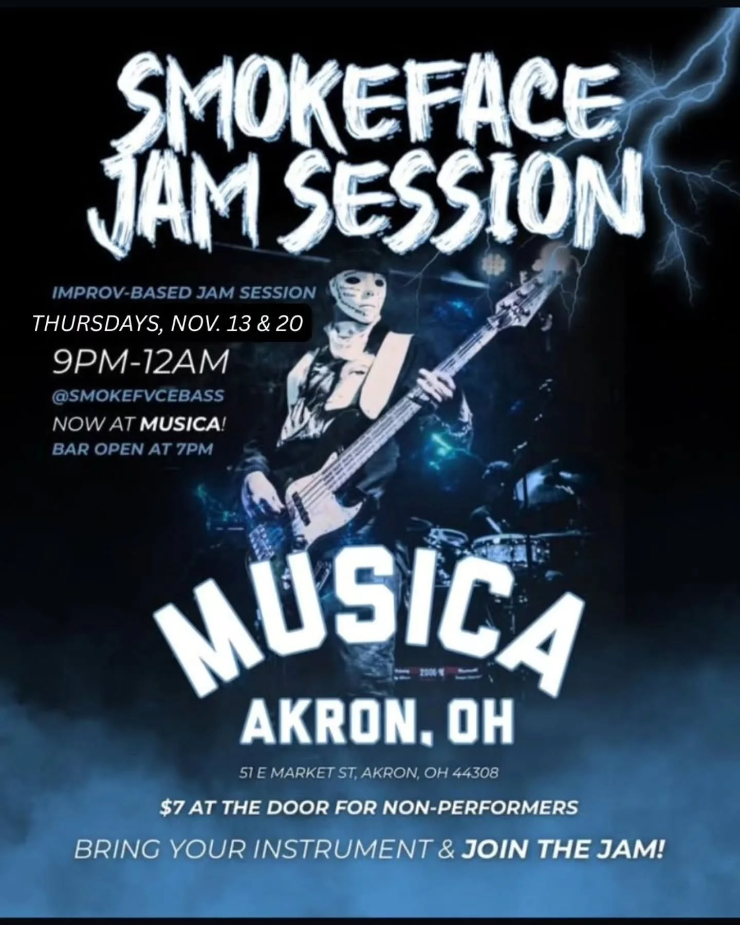 NOVEMBER JAM SESSIONS &amp; KARAOKE DATES! 🌀

🎸 SmokeFace Jam Sessions: 
TONIGHT!, Wednesday 11/5
Thursdays, 11/13 &amp; 11/20

🎙️ Karaoke:
TOMORROW, Thursday 11/6

🌀 Next month we will resume our normal schedule of Wednesday Jam Sessions &amp; K