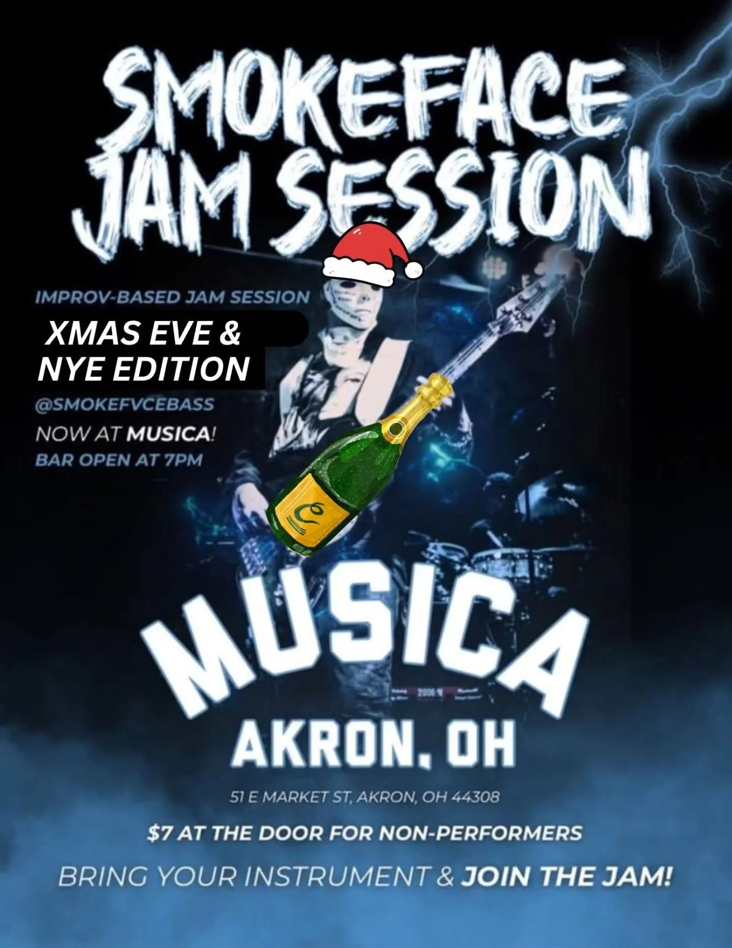 HOLIDAY JAM SESSIONS AT MUSICA! 🎸🎄🎷🥂🥁🎊🎺🪩

Experience our special Xmas Eve &amp; NYE improv-based jam sessions with Akron's own SmokeFace, featuring music, creativity, &amp; excitement! Bring your instrument &amp; join the jam session!

🍻 Bar