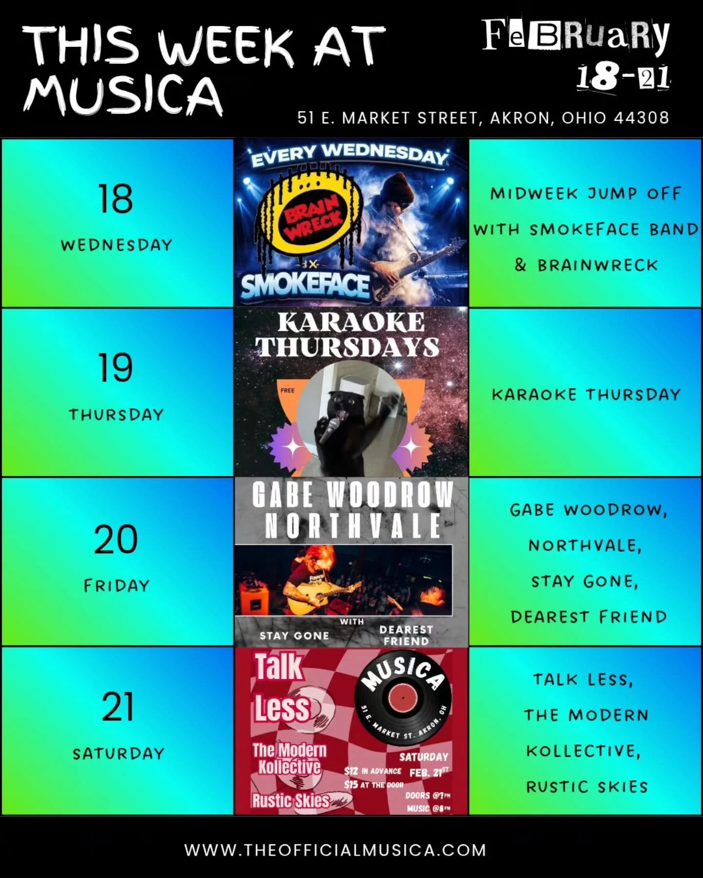 THIS WEEK AT MUSICA! ✴️

✴️ Wednesday: Midweek Jump Off with SmokeFace band &amp; BrainWreck &mdash; live band &amp; DJ experience with weekly guests! 
🍺 Bar open at 7pm 🎫 $7 entry 🪪 21+

✴️ Thursday: KARAOKE THURSDAY 
🍺 Bar open at 7pm 🎙️ Karao