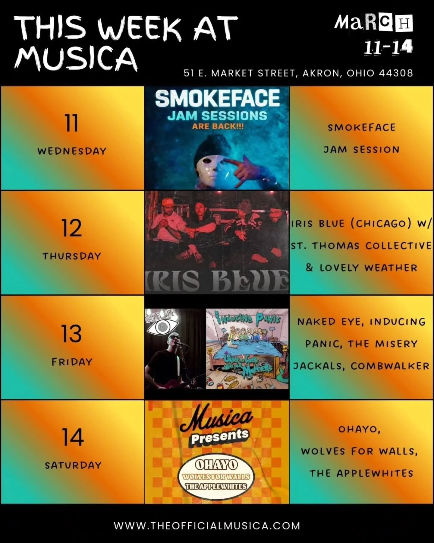 THIS WEEK AT MUSICA! 🧡

WED, 3/11: SmokeFace Jam Session
🍺 Bar open at 7pm
🎸 Jam Session 9pm-midnight 
🤑 Free entry for performers
🪪 21+

THURS, 3/12: Iris Blue (Chicago indie rock) with St. Thomas Collective &amp; Lovely Weather 
⏰ 7pm doors/ 8