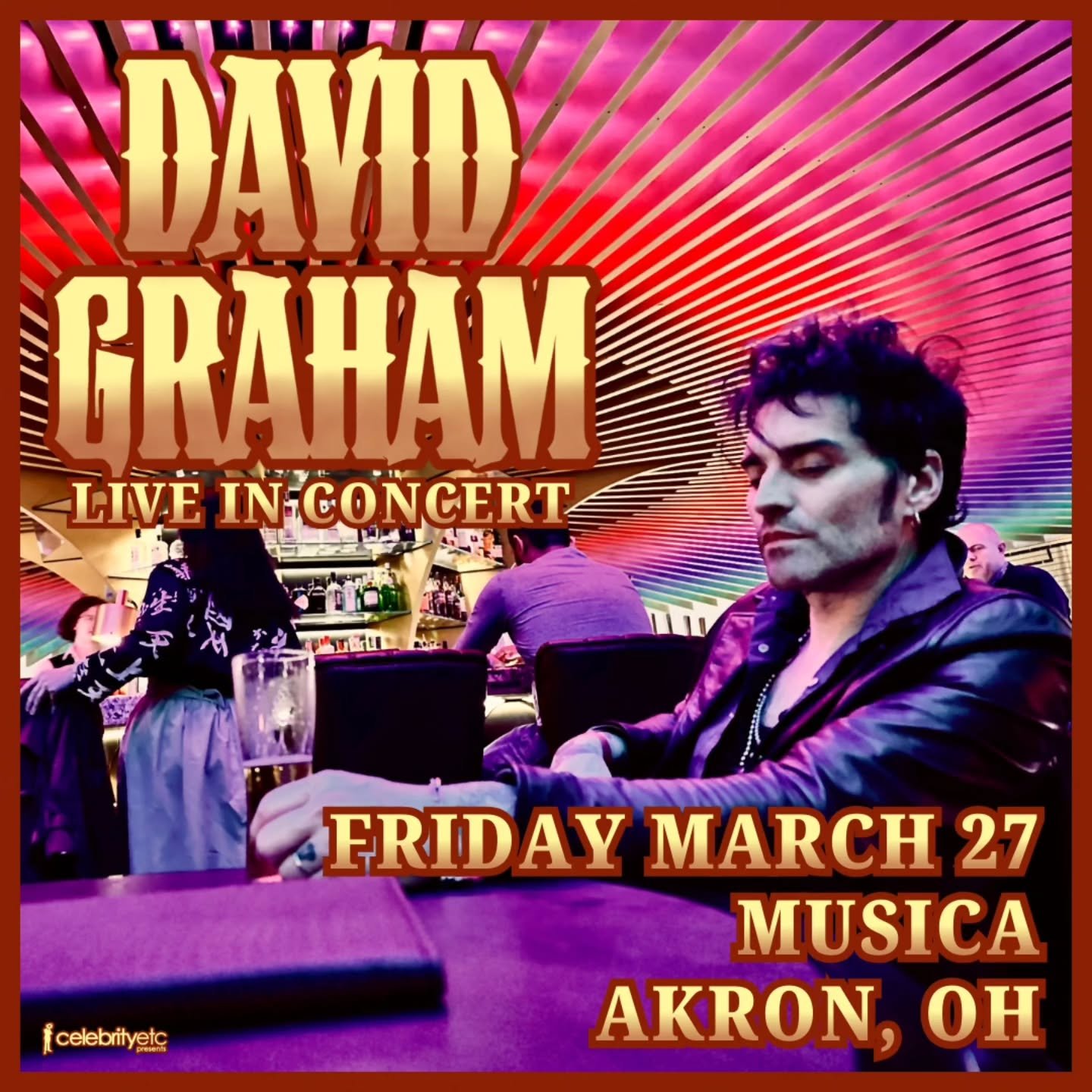 TOMORROW, Friday, March 27 

Celebrity Etc presents: David Graham live at Musica with Old Quick

⏰ 6pm doors/ 7pm show
👥 All ages
🔗 Tickets at the link in bio
 
#akronohio #akron #akronevents #livemusic #concerts