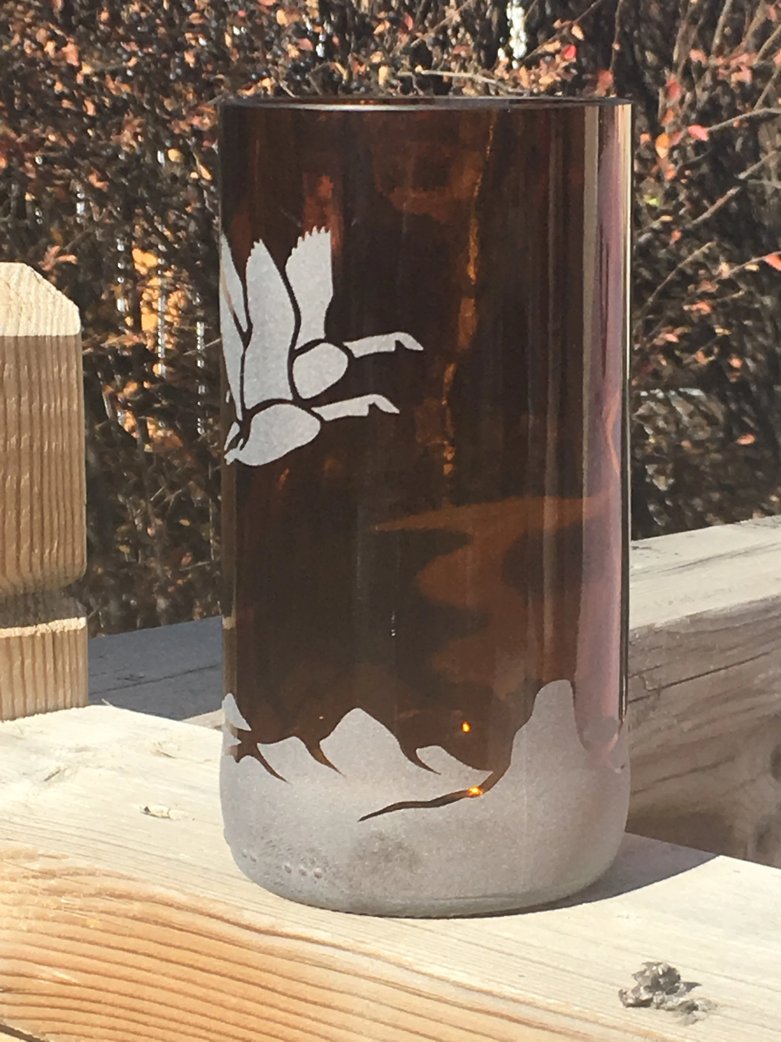 Geese Design Tall Amber Glass Recycled Wine Bottle