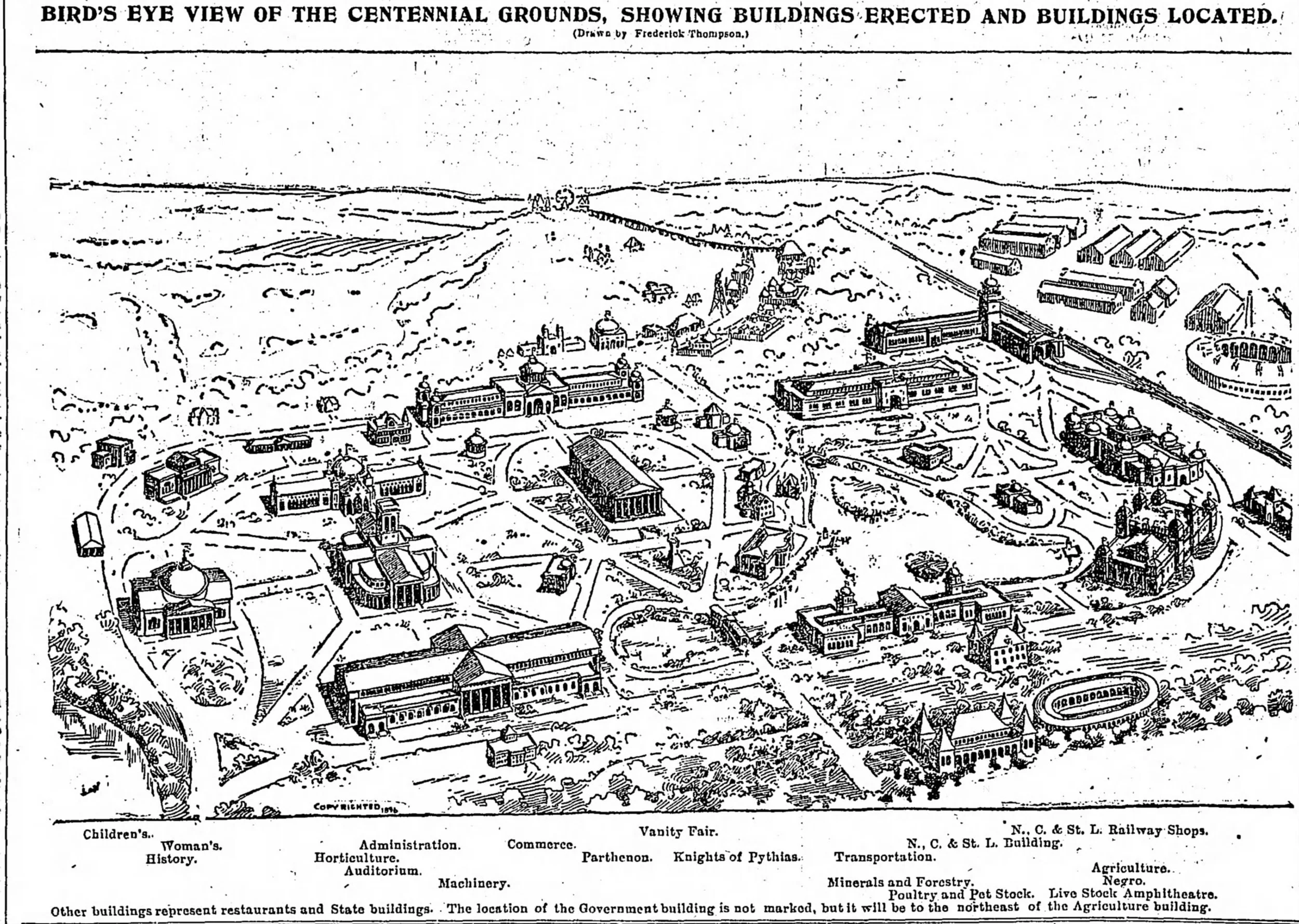 A black and white overhead view mapping the location of buildings being constructed for the Tennessee world's fair