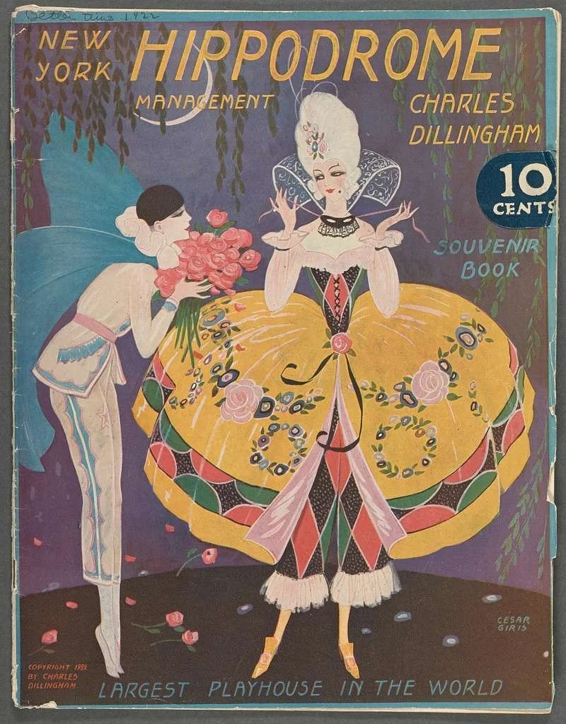 Cover of New York Hippodrome program for Better Times, a colorful illustration of Pierrot on left holding a bouquet of roses for Pierrette who stands at the center in an elaborate yellow-orange dress with flowers and parti-colored pantaloons beneath.