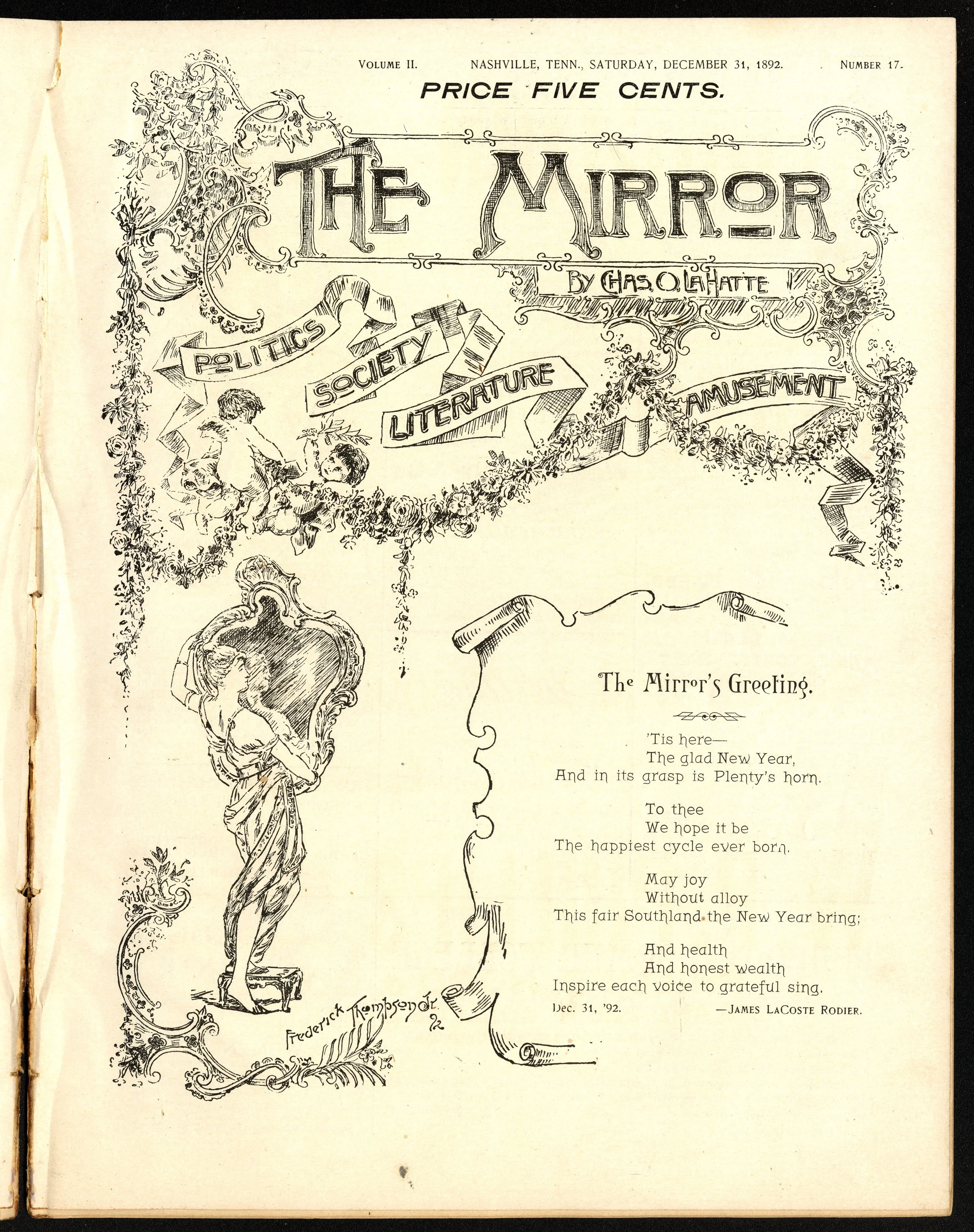 Cover to an old magazine with a hand-drawn illustration in an amateruish art nouveau style. There are flowerts, cupids, and garlands around the magazine title. A woman in a grecian costume stands on a footstool, holding a mirror
