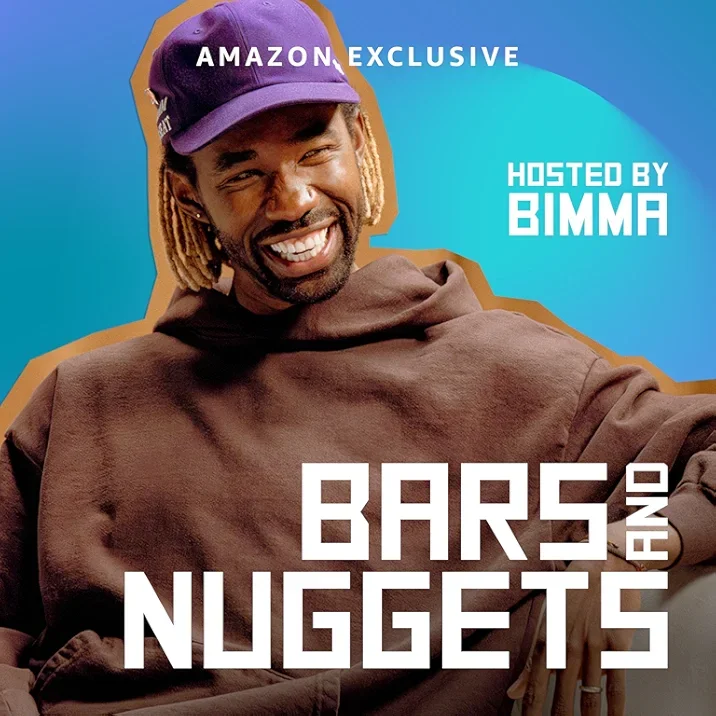 Smiling man wearing a purple cap and brown hoodie, with a colorful background and text that says 'Amazon Exclusive', 'Hosted by Bimma', and 'Bars, Nuggets, and Fandos'.