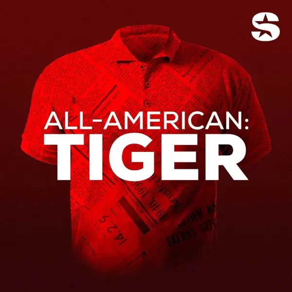Red polo shirt with newspaper print overlay, with text 'All-American: Tiger' in front of it.