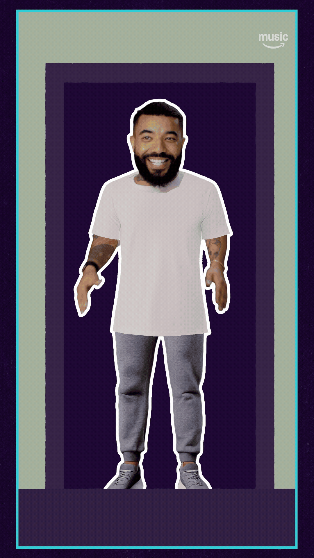A smiling man with a beard, dressed in a white t-shirt and gray sweatpants, standing in a virtual doorway with a dark background and a light green wall.