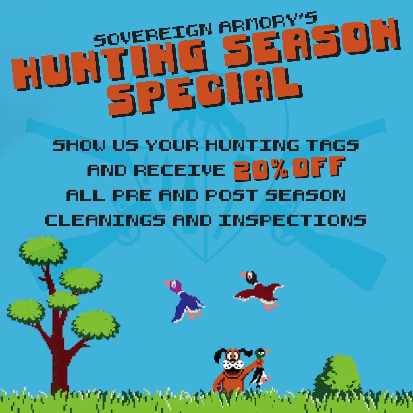 It's that time of the year! Pre-season inspections and post-season cleanings are 20% off when you show us your tags/license.

#sovereignarmory #gunsmithing #veteranownedbusiness #denver #colorado #hunting #huntingseason #duckhunt #waterfowl #biggame 