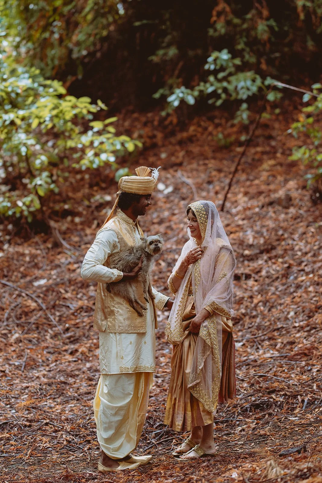 Hindu-American fusion wedding ceremony beneath redwoods at Waterfall Lodge