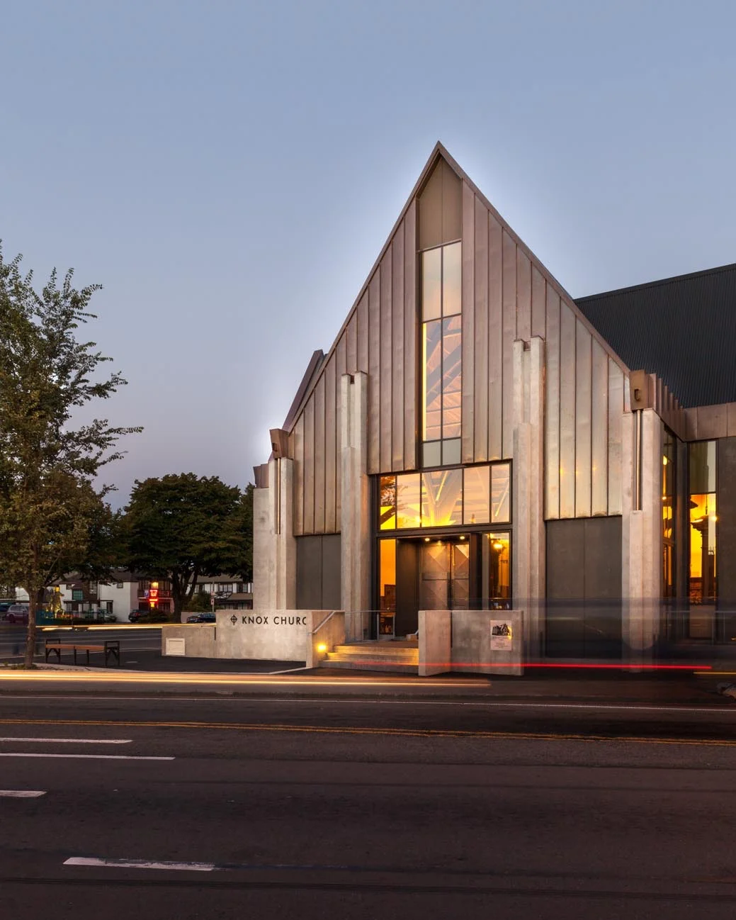 The rebuild of Knox Church on the prominent gateway site on the corner of Bealey Ave and Victoria Street is an important step in the reinstatement of Christchurch’s depleted church stock. The building provides much needed performance and ecclesiastical space for the city and preserves the historically rich timber structure, which is visible through tall clear glazed windows. The exterior shell is formed using a rocking post tensioned concrete column and steel tie beam structure with areas of acid etched concrete and copper cladding. Four design awards have been received for this project since its completion in December 2014. ❮