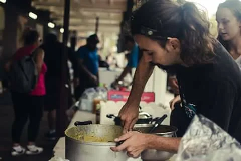 Volunteers from Community Union Defence League and the Australian Communist Party serving food at Martin Place, Sydney.