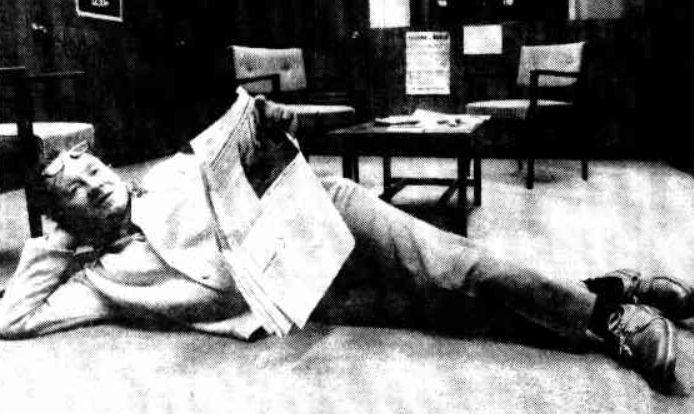 Ray O'Shannassy lies in the foyer of the electoral office of the Member for Fraser, Mr Fry, on the 29th of July, 1983. He said he intended to sleep there overnight as a protest against the failure of the Government to provide adequate low-cost accommodation for the unemployed. He also was protesting about the failure to make rooms available at Havelock House for homeless people.