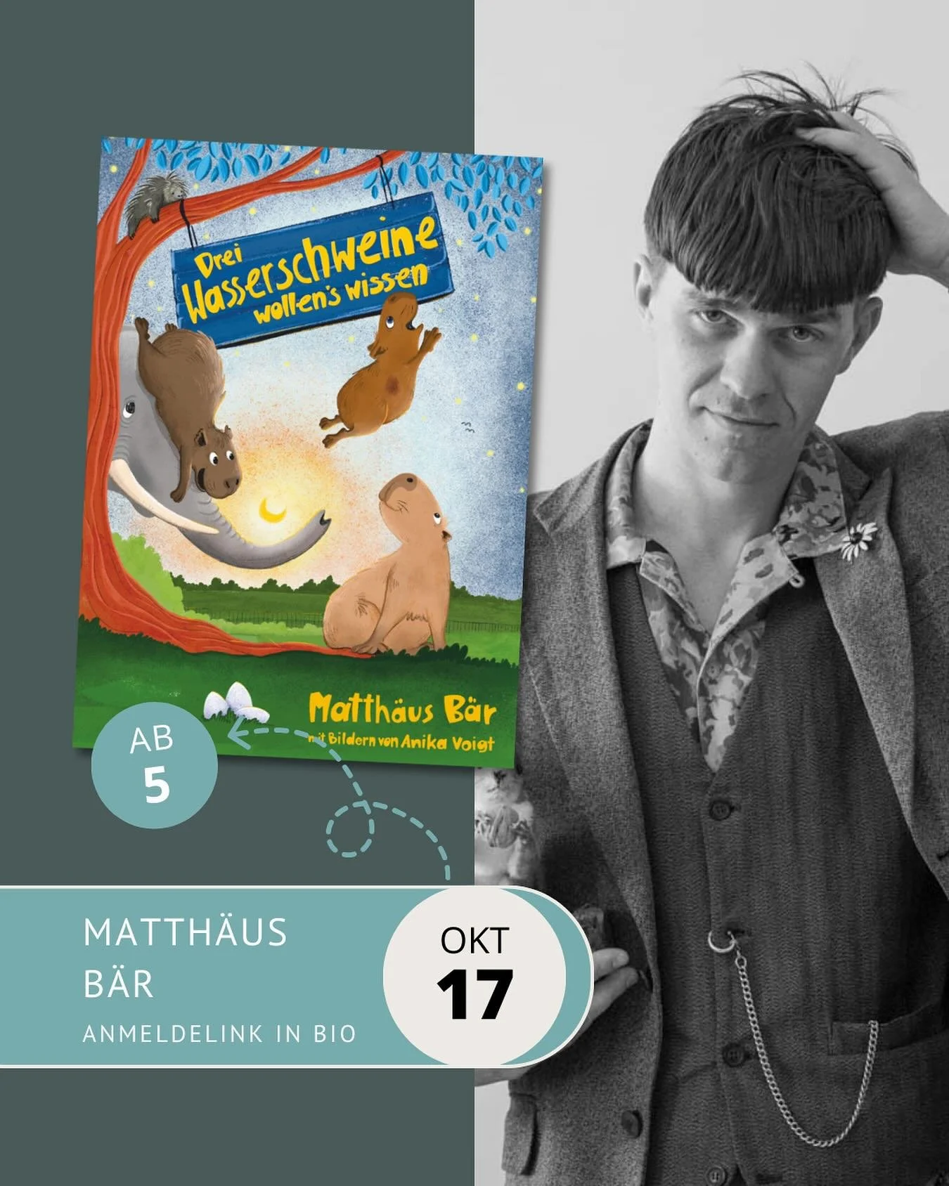 Die 3 Wasserschweine Emmy, Raul und Tristan rufen euch zum Waldrappen-Rap mit @matthaeusbaer am Freitag 17.10. um 16 Uhr ins Buchkontor. Bilder, Lachen und Signierstunde inklusive. 
Wir freuen uns auf euch! Anmeldung über den Link in Bio