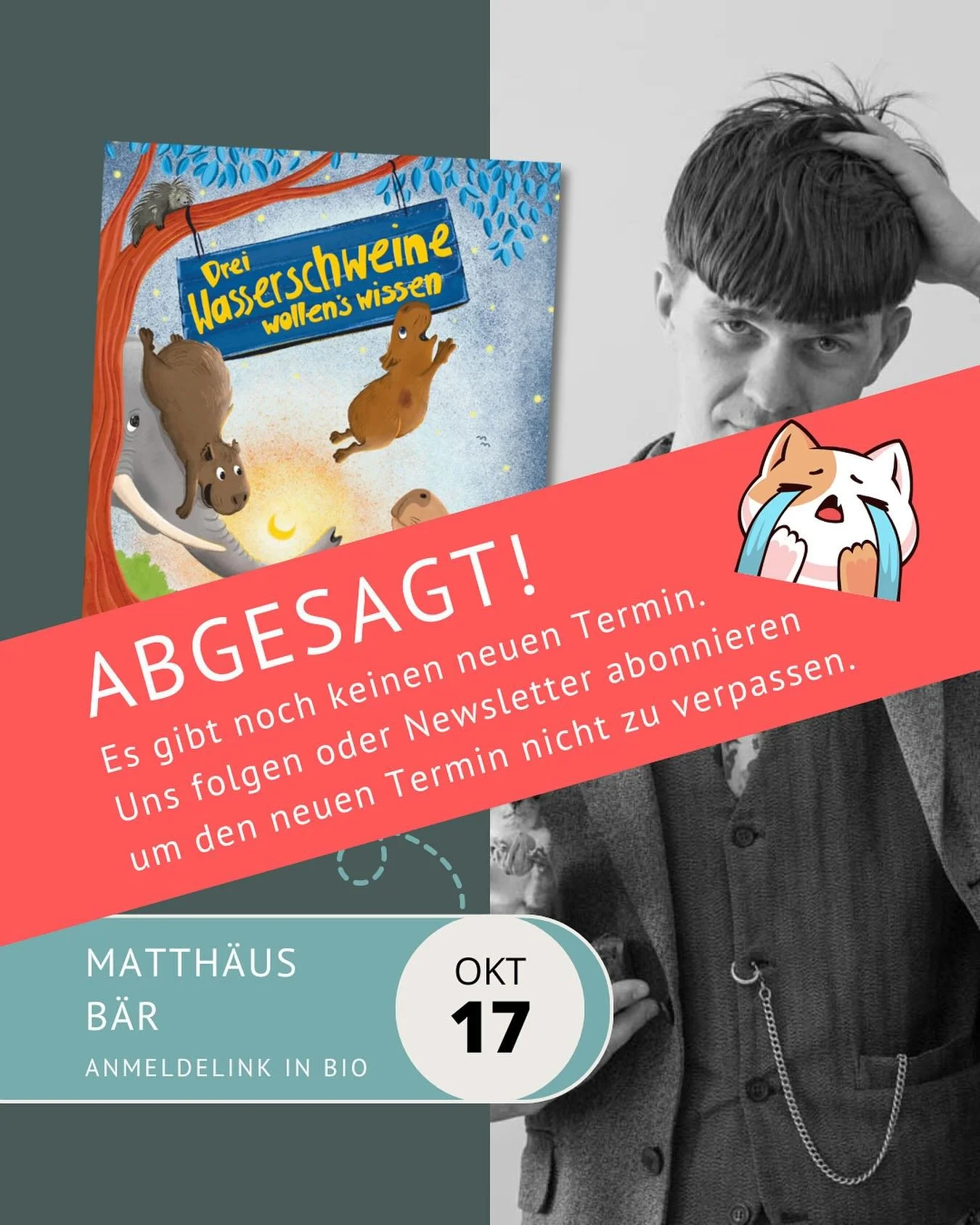 Liebe alle,
Leider müssen wir die Veranstaltung mit @matthaeusbaer morgen, 17.10. absagen. Weil wir die Wasserschweine aber so lieben, wird es ganz bestimmt einen Ersatztermin (voraussichtlich im Jänner 2026) geben. 
Wir melden uns! 
Bis