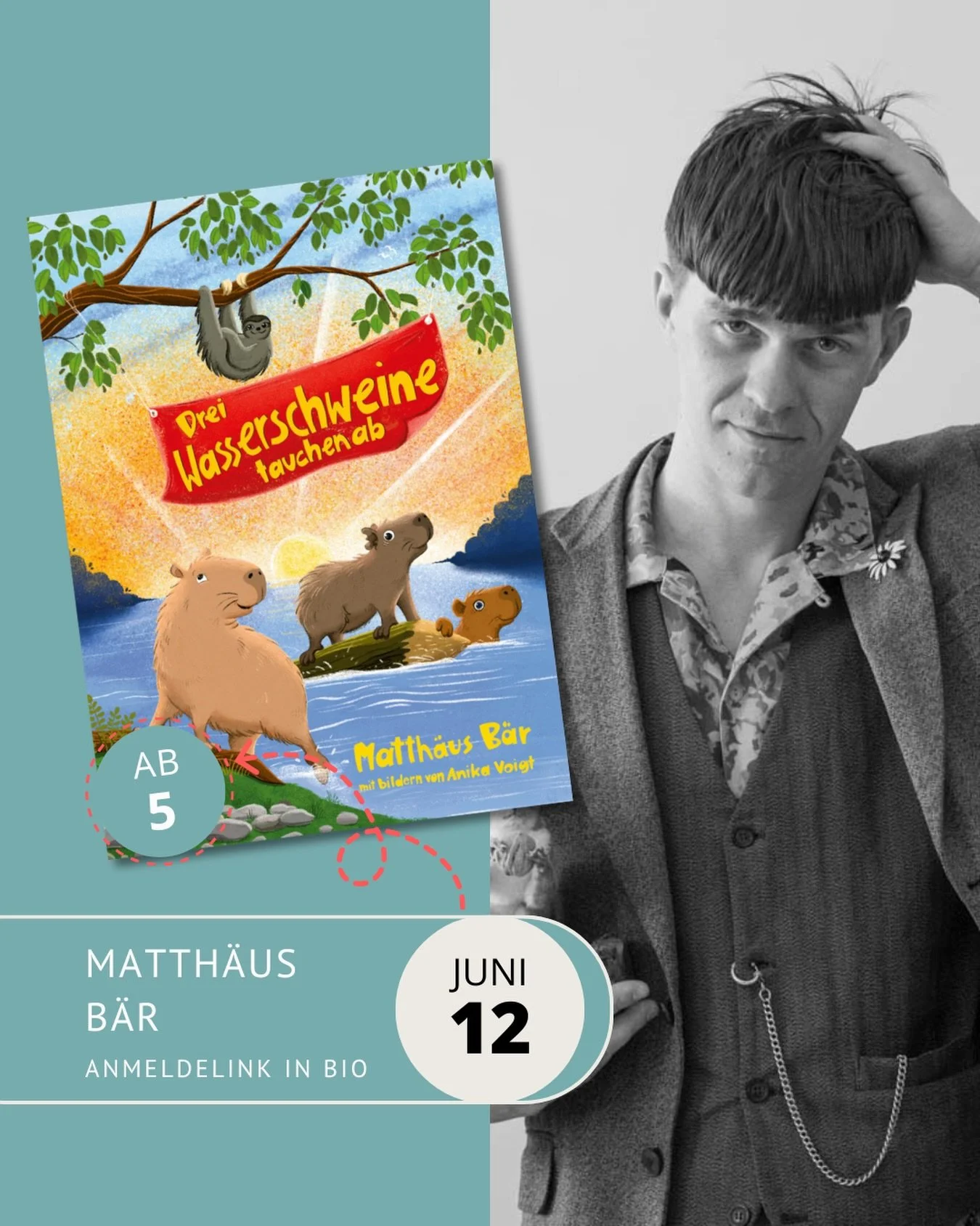 Noch auf der Suche nach einer ✨coolen Nachmittagsbesch&auml;ftigung✨am ⏰Freitag, 12.06. um 16 Uhr? - here it is!! 
Wir freuen uns auf 🎉@matthaeusbaer, seine Wasserschweine, aber auch Faultiere, Flamingos und Biber. Und nat&uuml;rlich auf 💥EUCH ganz
