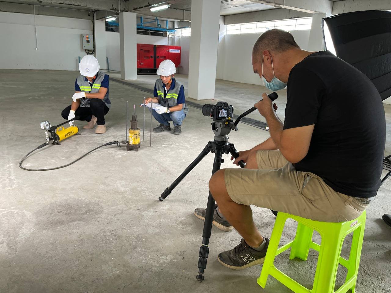 Behind the scenes filming a rebar test at BECL's lab