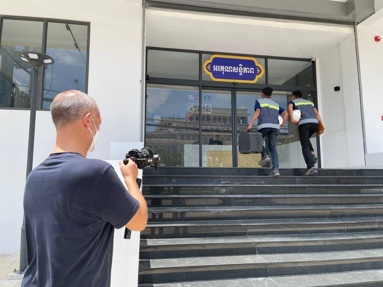 Filming a gimbal shot of engineers entering the BECL offices
