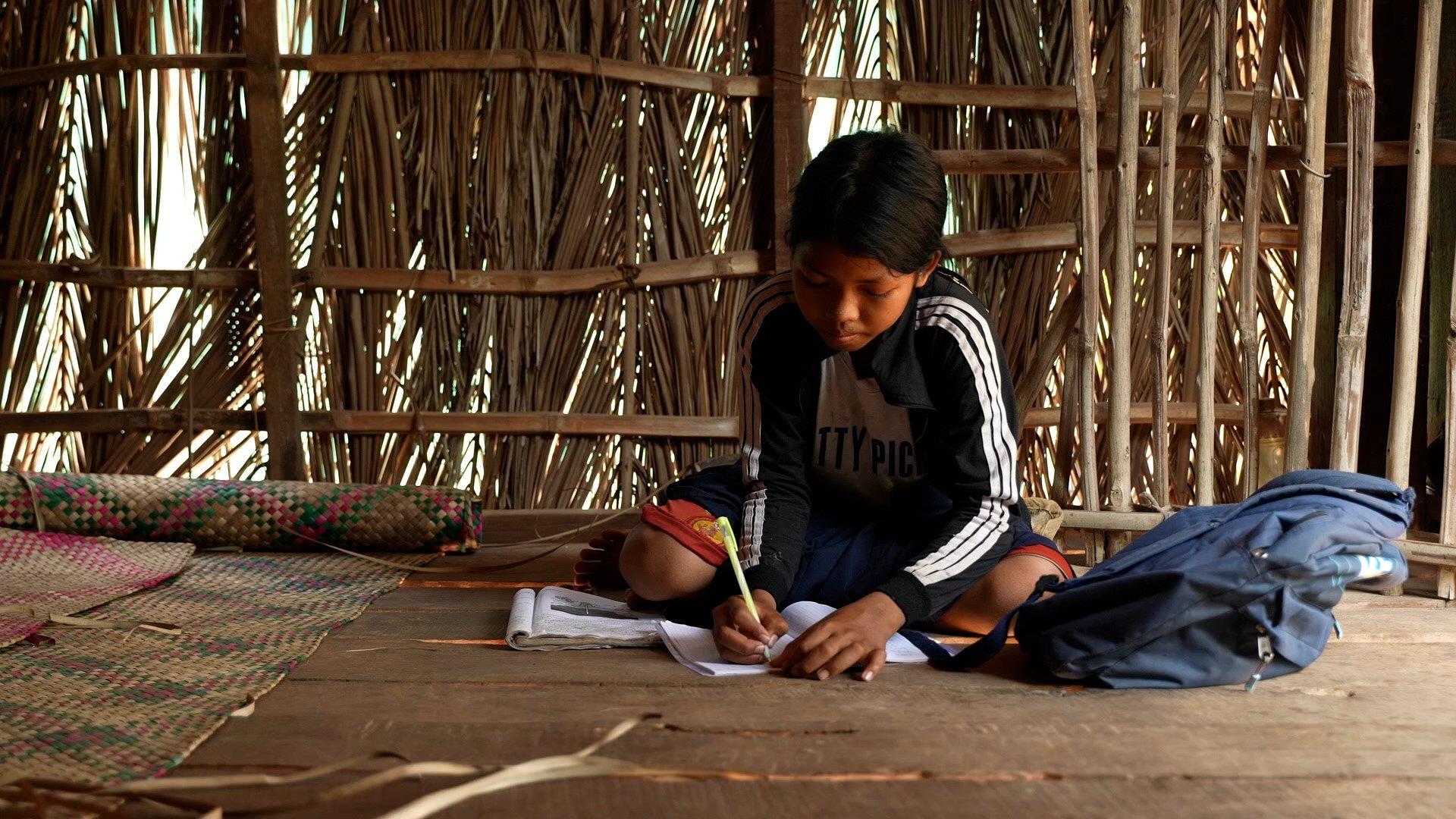 A girl does her homework in her wooden house, Siem Reap, Cambodia