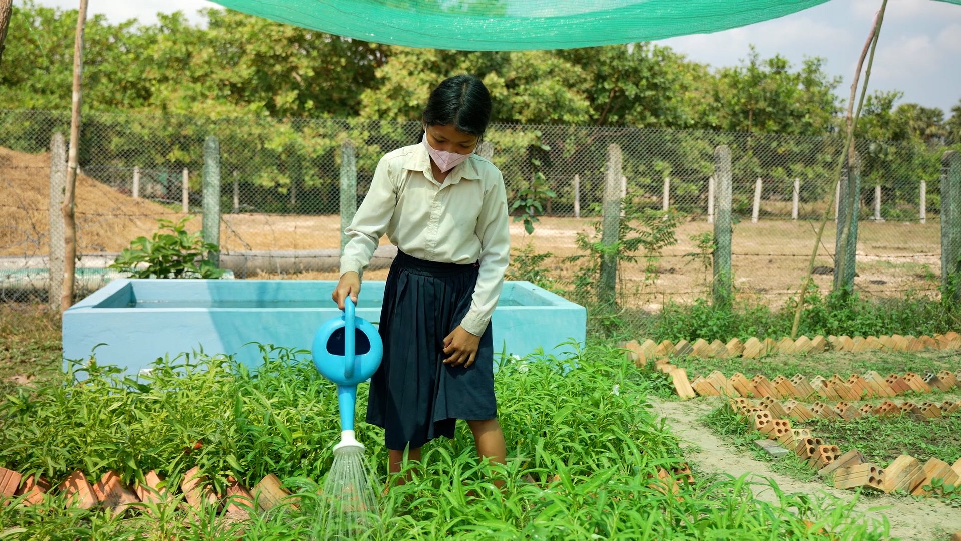 A girl waters her school garden