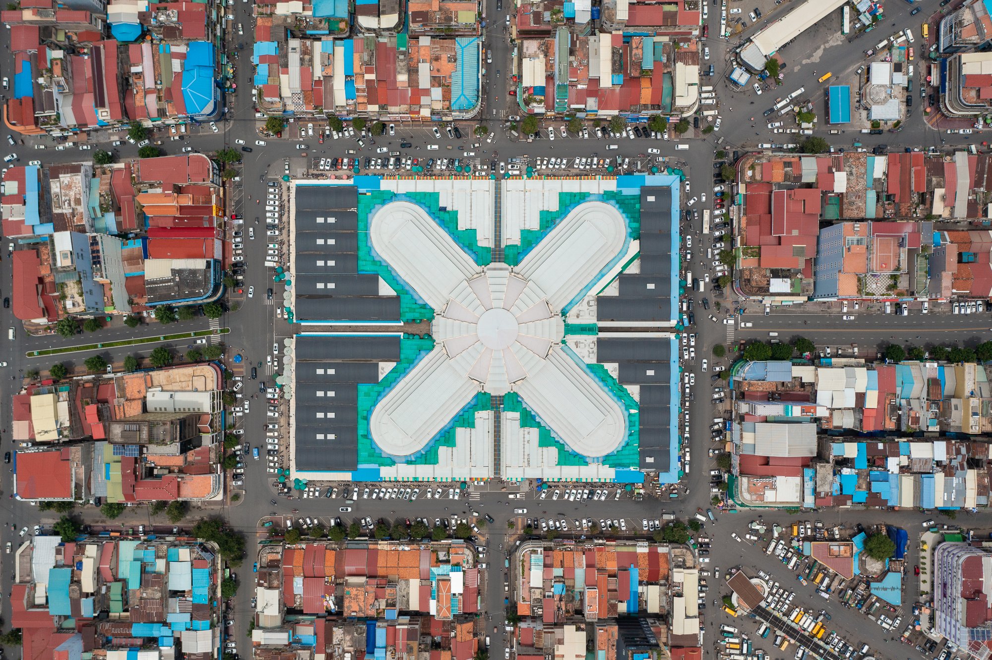 Bird's eye view of Central Market in Phnom Penh, Cambodia. Taken while working as a drone operator for CNN