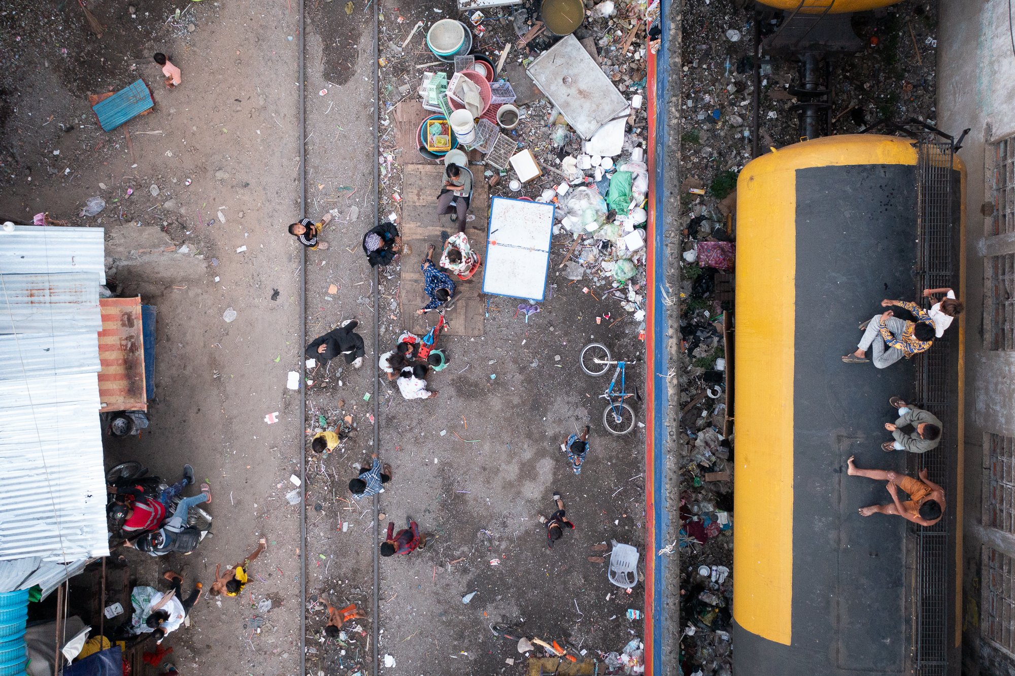 A birds-eye view of people living on the railway tracks in Phnom Penh, Cambodia