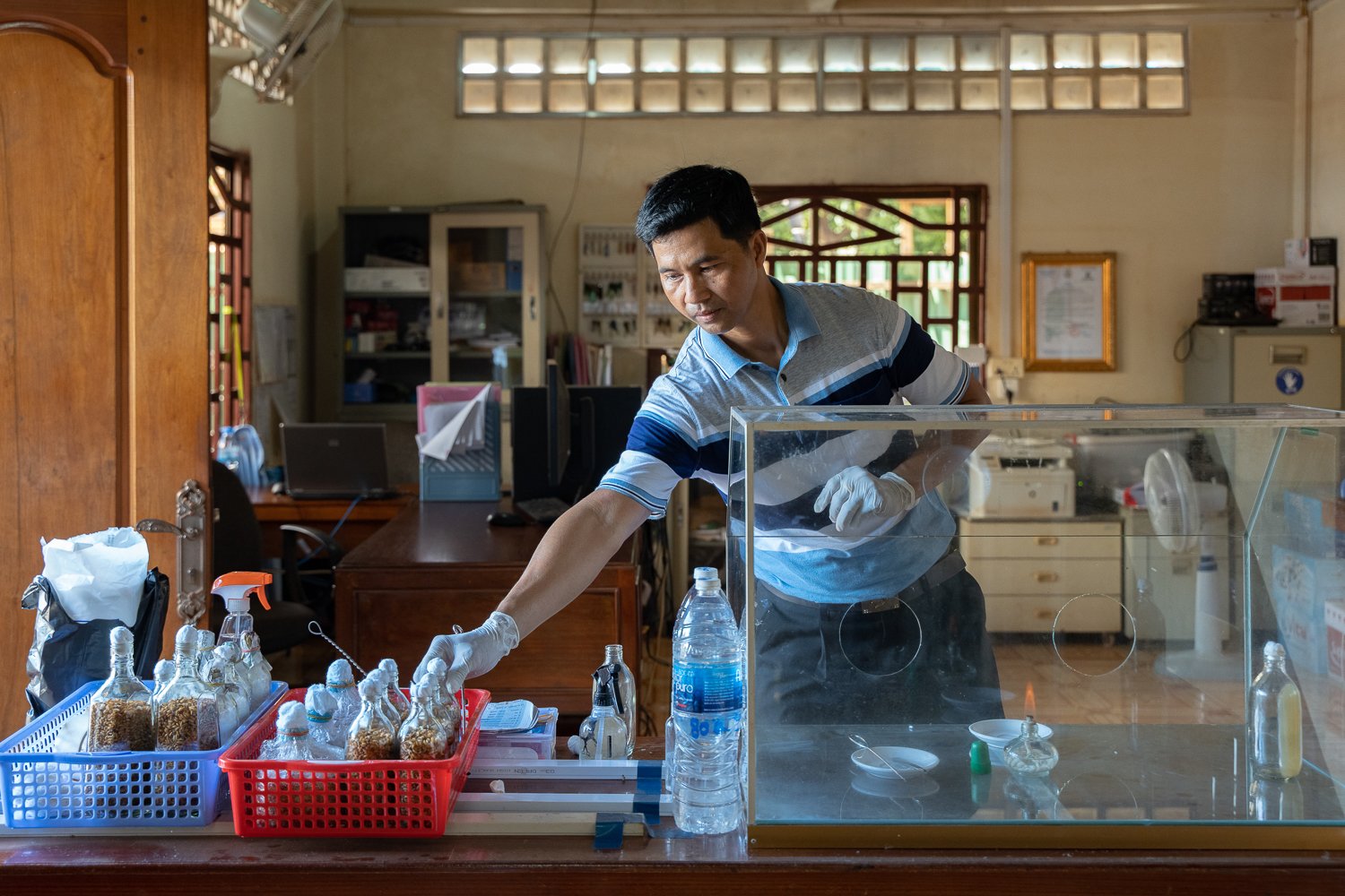 Nin Samreth picks up a bottle full of grain as part of the mushroom production process, ICC Office, Banlung. Ratanikiri Province, Cambodia