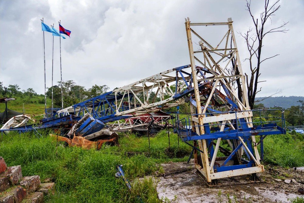 Archaeological Survey of India crane collapsed beside Gopura V at Preah Vihear temple