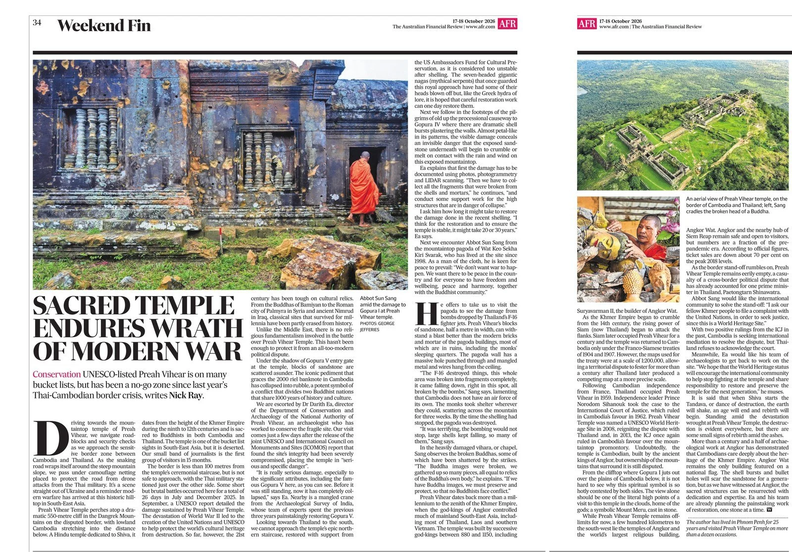 Both pages of the Australian Financial Review Weekend Fin spread on Preah Vihear temple, with photographs by George Jefferies