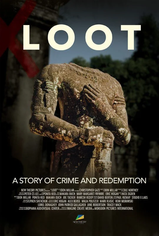 Poster for the feature documentary Loot: A Story of Crime and Redemption, showing a headless Khmer statue