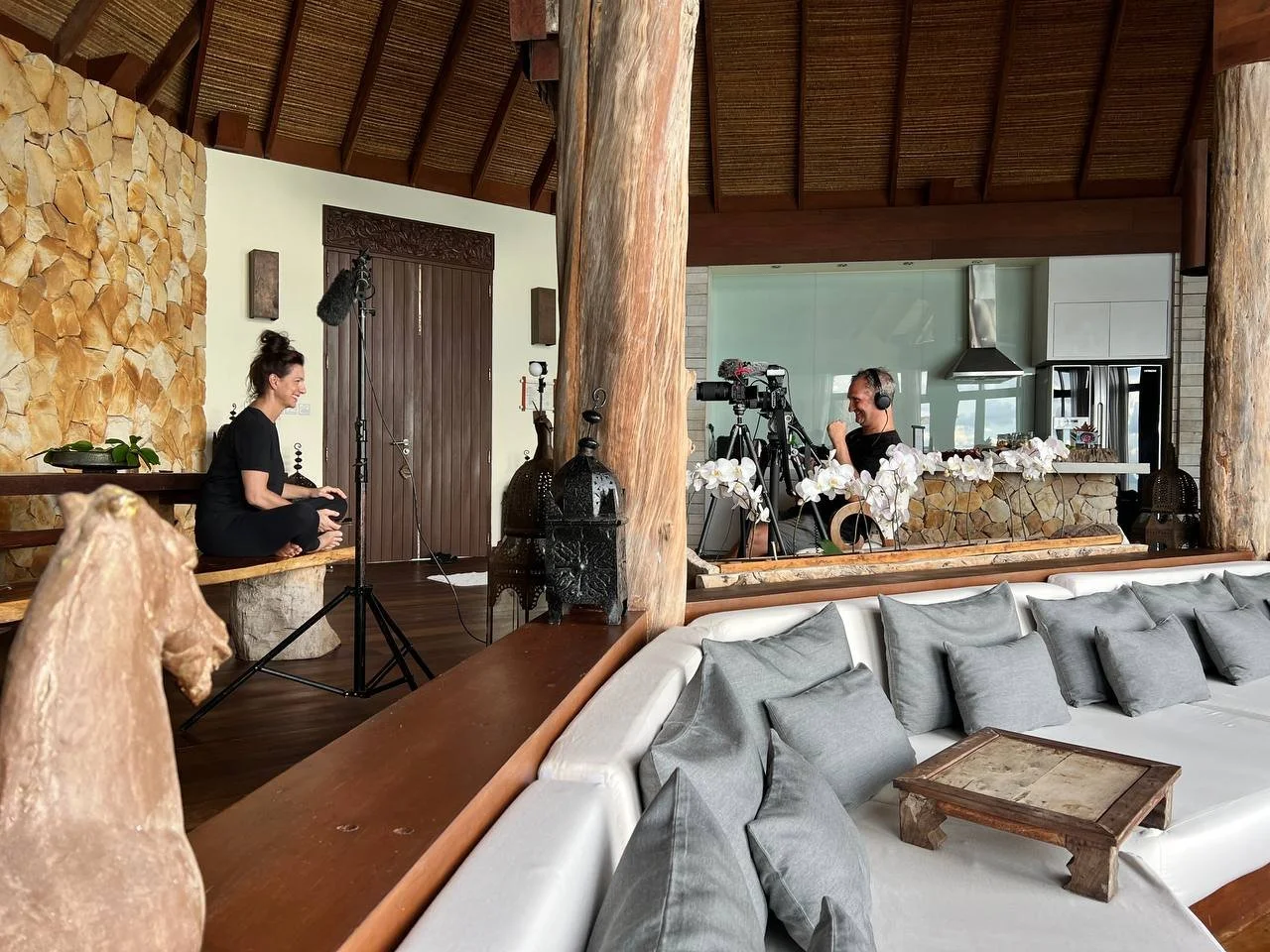 George Jefferies interviewing Melita Koulmandas, founder and CEO of the Song Saa Collective, in a villa on Song Saa Private Island, Cambodia