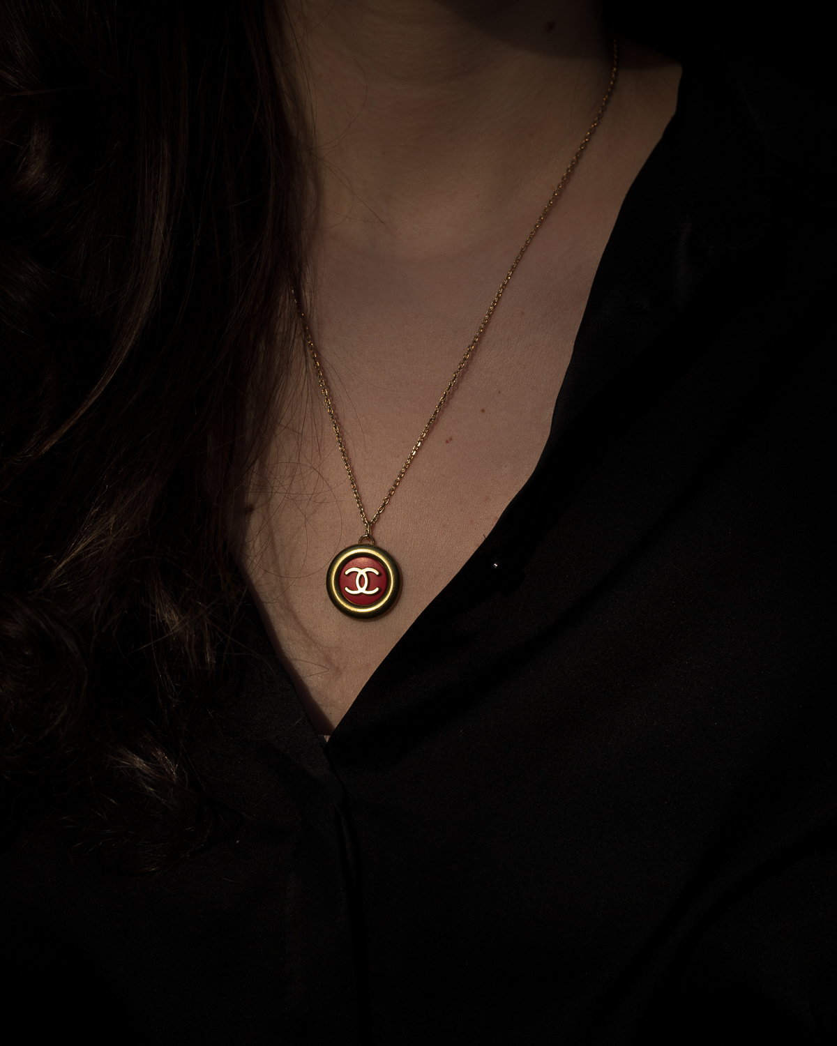 Antique Gold & Red Vintage Chanel Button Pendant Necklace — singulié