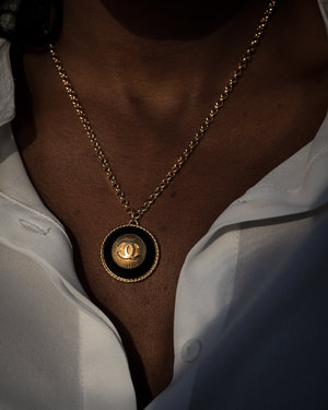 Vintage LV Crystal Button Necklace in Black