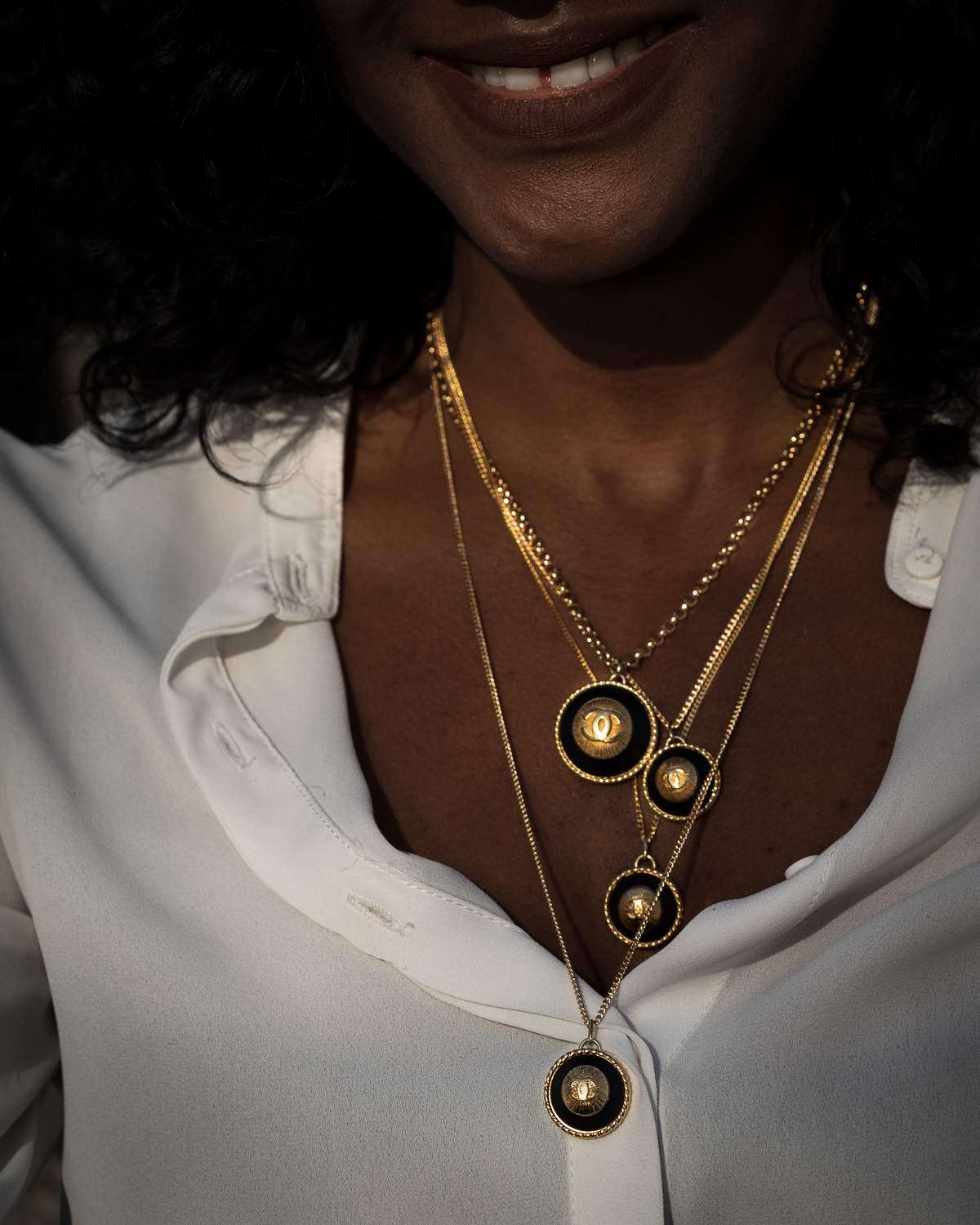 Black Chanel Button Necklace on 18 inch Double circle Gold plated chain —  Designs by Pat Studio
