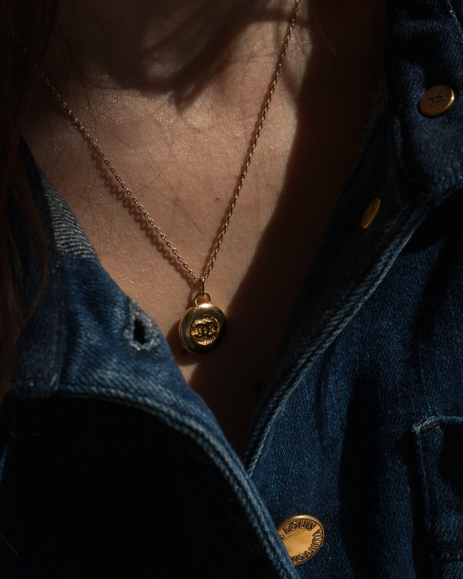 Black Chanel Button Necklace on 18 inch Double circle Gold plated chain —  Designs by Pat Studio