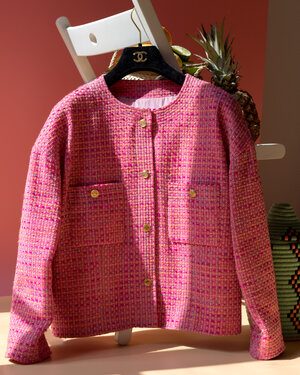 Vintage CHANEL Pink Jacket with Logo Buttons at Rice and Beans Vintage