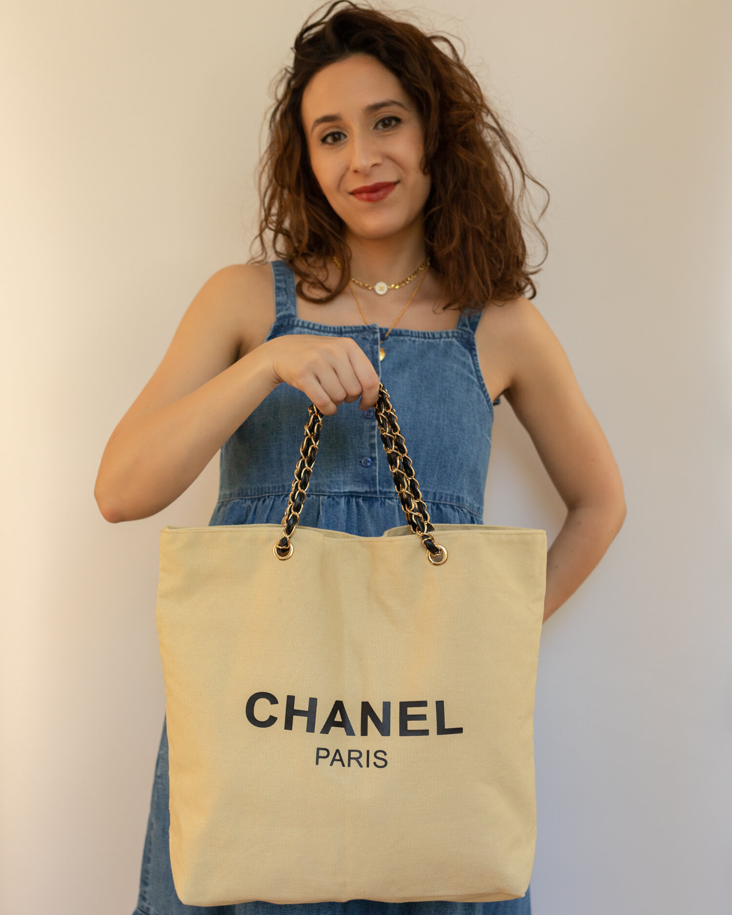 Vintage Chanel Oversized Linen Tote Bag Beige