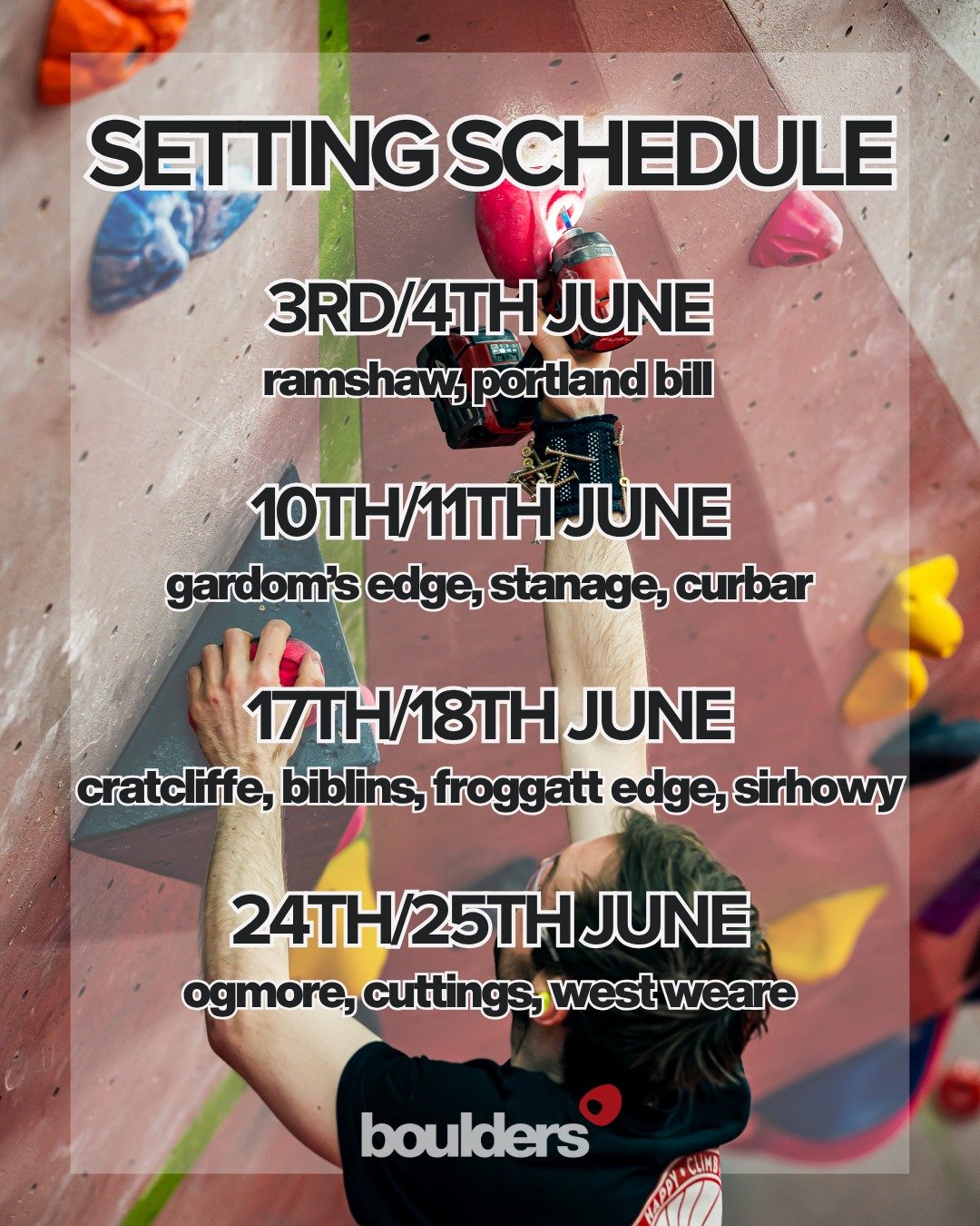Here's our setting schedule for June!

Get those projects ticked off before they're gone forever!

Got any questions? Send us a DM. Want to share feedback about the setting at Boulders Cheltenham? Check the link in our bio.

#Bouldering #Climbing #Bo